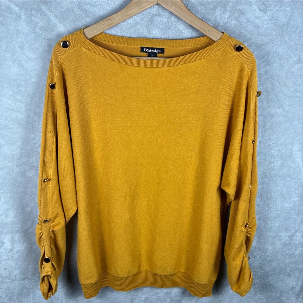 BYdesign Mustard Yellow Knit Sweater Gold Button Ruched Sleeve XL